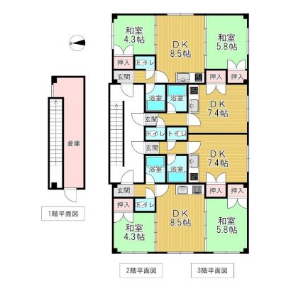 間取図。2階と3階の間取りは同じです。